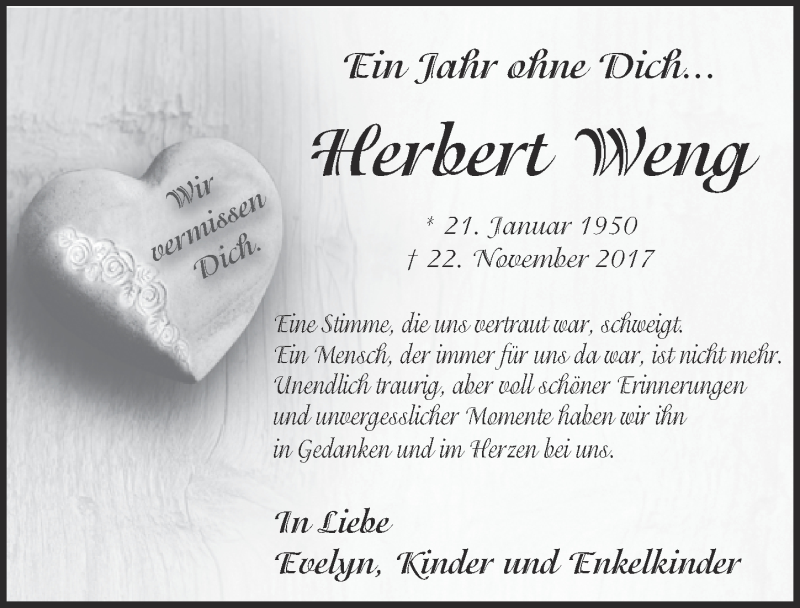  Traueranzeige für Herbert Weng vom 21.11.2018 aus  Kölner Wochenspiegel 