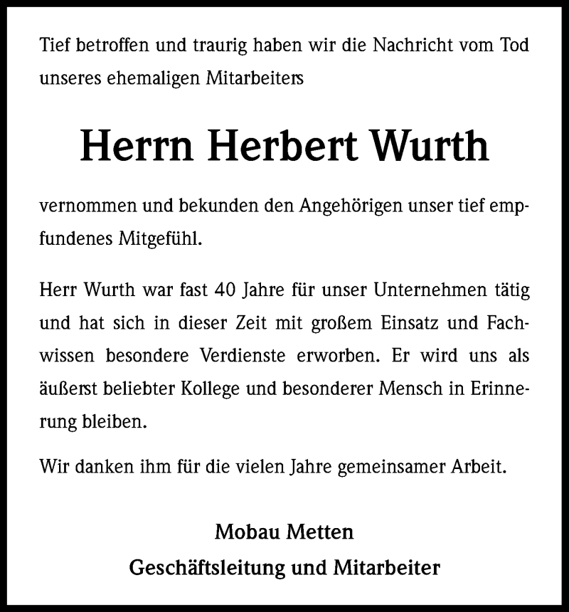  Traueranzeige für Herbert Wurth vom 07.11.2018 aus Kölner Stadt-Anzeiger / Kölnische Rundschau / Express