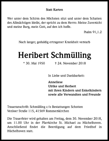 Anzeige von Heribert Schmülling von Kölner Stadt-Anzeiger / Kölnische Rundschau / Express
