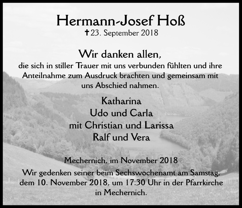  Traueranzeige für Hermann-Josef Hoß vom 03.11.2018 aus Kölner Stadt-Anzeiger / Kölnische Rundschau / Express