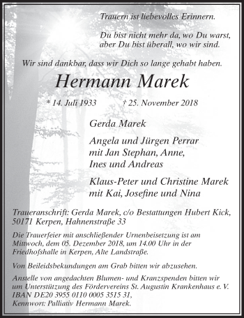 Anzeige von Hermann Marek von  Sonntags-Post 