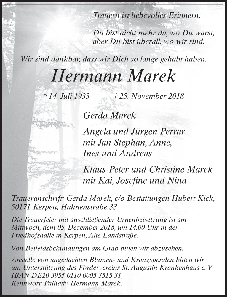  Traueranzeige für Hermann Marek vom 01.12.2018 aus  Sonntags-Post 