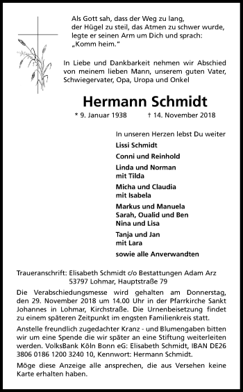 Anzeige von Hermann Schmidt von Kölner Stadt-Anzeiger / Kölnische Rundschau / Express