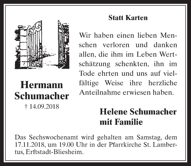  Traueranzeige für Hermann Schumacher vom 14.11.2018 aus  Schlossbote/Werbekurier  Werbepost 