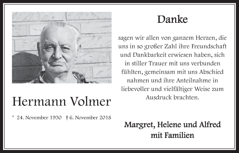  Traueranzeige für Hermann Volmer vom 28.11.2018 aus  Werbepost 