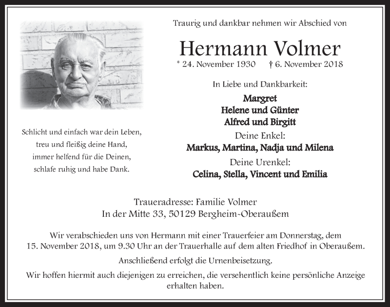  Traueranzeige für Hermann Volmer vom 14.11.2018 aus  Werbepost 