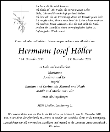 Anzeige von Hermann Josef Höller von Kölner Stadt-Anzeiger / Kölnische Rundschau / Express
