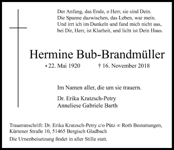 Anzeige von Hermine Bub-Brandmüller von Kölner Stadt-Anzeiger / Kölnische Rundschau / Express
