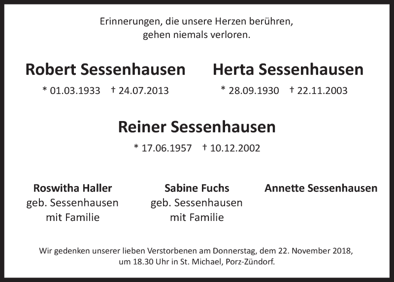  Traueranzeige für Herta Sessenhausen vom 21.11.2018 aus  Kölner Wochenspiegel 