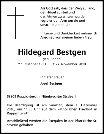 Anzeige von Hildegard Bestgen von Kölner Stadt-Anzeiger / Kölnische Rundschau / Express