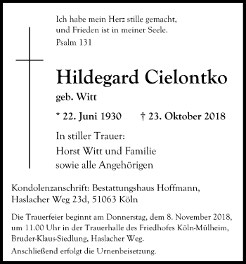 Anzeige von Hildegard Cielontko von Kölner Stadt-Anzeiger / Kölnische Rundschau / Express