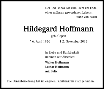 Anzeige von Hildegard Hoffmann von Kölner Stadt-Anzeiger / Kölnische Rundschau / Express