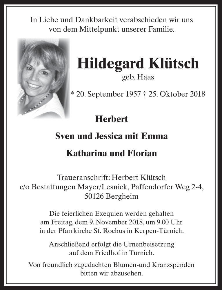  Traueranzeige für Hildegard Klütsch vom 07.11.2018 aus  Werbepost 
