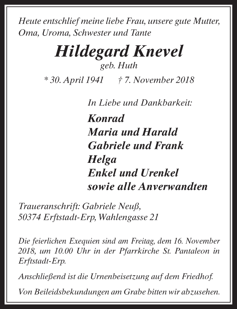  Traueranzeige für Hildegard Knevel vom 14.11.2018 aus  Werbepost 