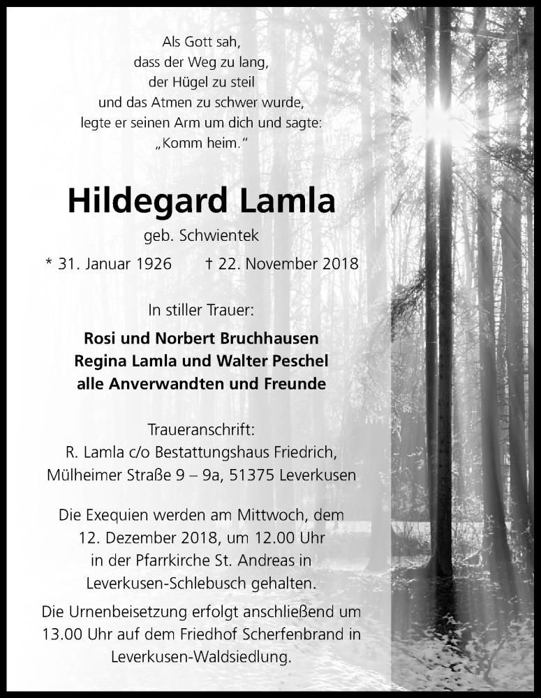  Traueranzeige für Hildegard Lamla vom 01.12.2018 aus Kölner Stadt-Anzeiger / Kölnische Rundschau / Express