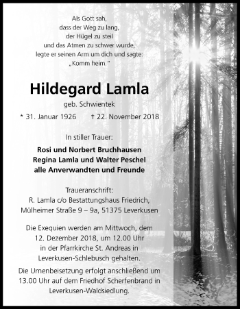Anzeige von Hildegard Lamla von Kölner Stadt-Anzeiger / Kölnische Rundschau / Express