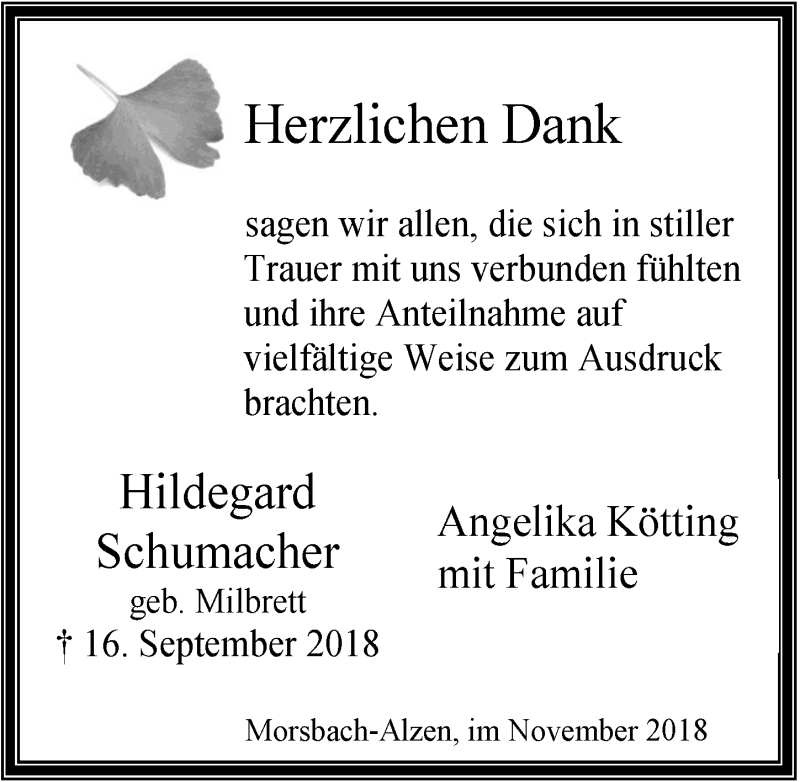  Traueranzeige für Hildegard Schumacher vom 07.11.2018 aus  Lokalanzeiger 