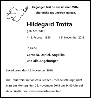Anzeige von Hildegard Trotta von Kölner Stadt-Anzeiger / Kölnische Rundschau / Express
