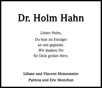 Anzeige von Holm Hahn von Kölner Stadt-Anzeiger / Kölnische Rundschau / Express