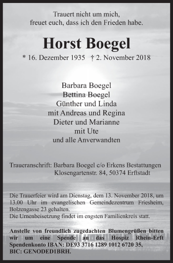 Anzeige von Horst Boegel von  Werbepost 