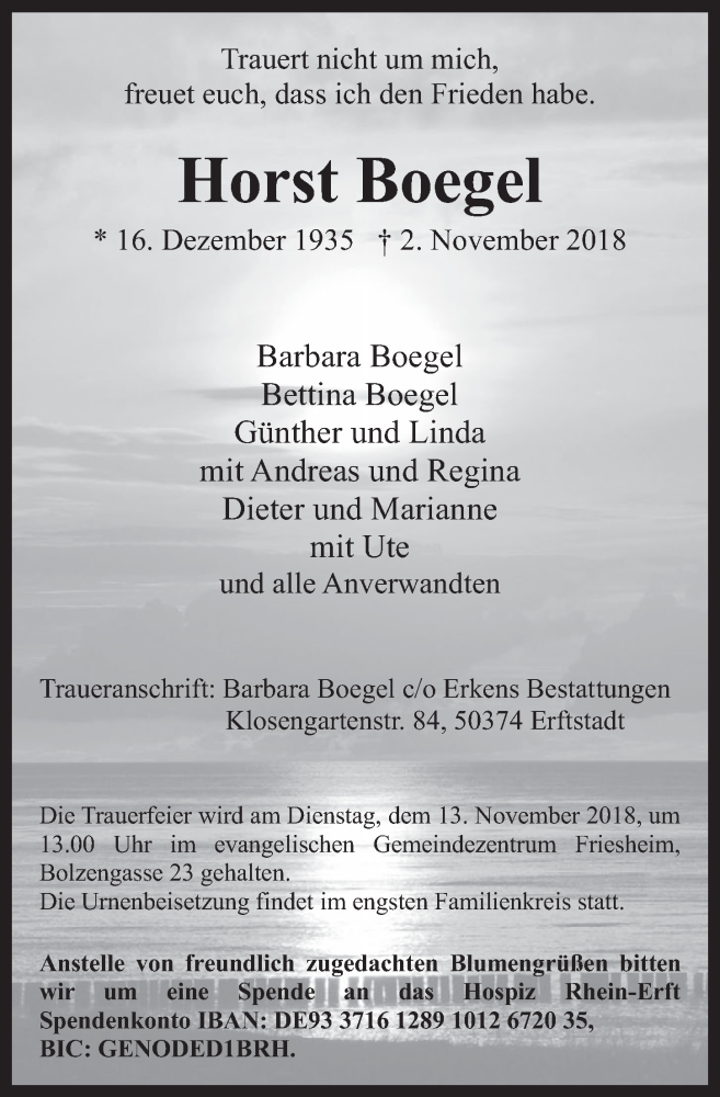  Traueranzeige für Horst Boegel vom 07.11.2018 aus  Werbepost 