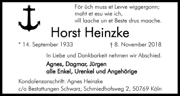 Anzeige von Horst Heinzke von Kölner Stadt-Anzeiger / Kölnische Rundschau / Express