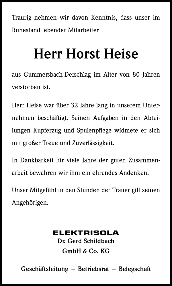  Traueranzeige für Horst Heise vom 07.11.2018 aus Kölner Stadt-Anzeiger / Kölnische Rundschau / Express