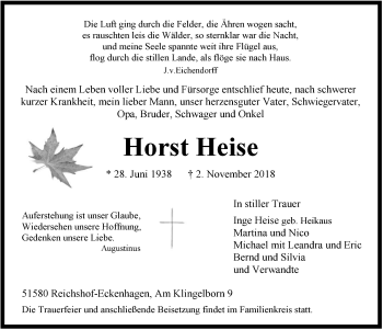 Anzeige von Horst Heise von  Anzeigen Echo 