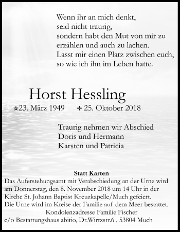 Anzeige von Horst Hessling von Kölner Stadt-Anzeiger / Kölnische Rundschau / Express