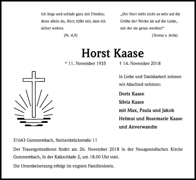  Traueranzeige für Horst Kaase vom 17.11.2018 aus Kölner Stadt-Anzeiger / Kölnische Rundschau / Express
