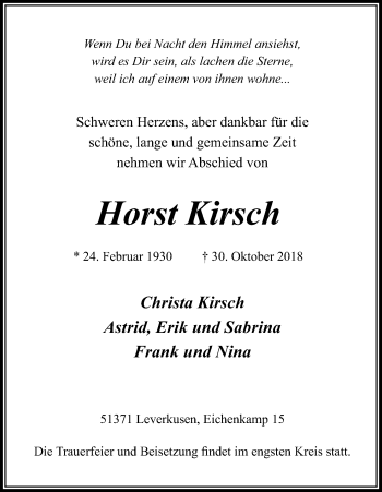 Anzeige von Horst Kirsch von Kölner Stadt-Anzeiger / Kölnische Rundschau / Express