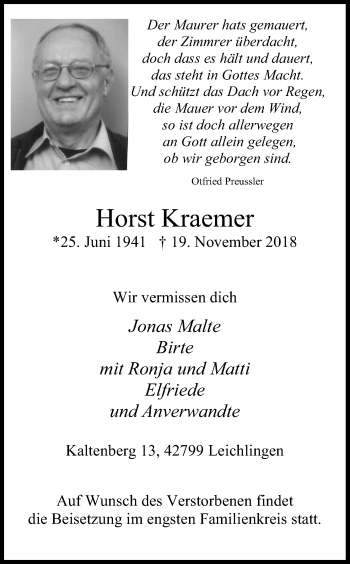 Anzeige von Horst Kraemer von Kölner Stadt-Anzeiger / Kölnische Rundschau / Express