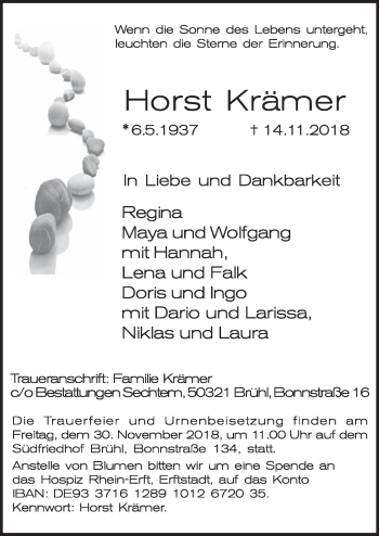 Anzeige von Horst Krämer von  Schlossbote/Werbekurier 