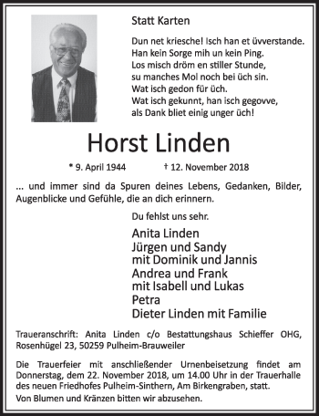 Anzeige von Horst Linden von  Sonntags-Post 