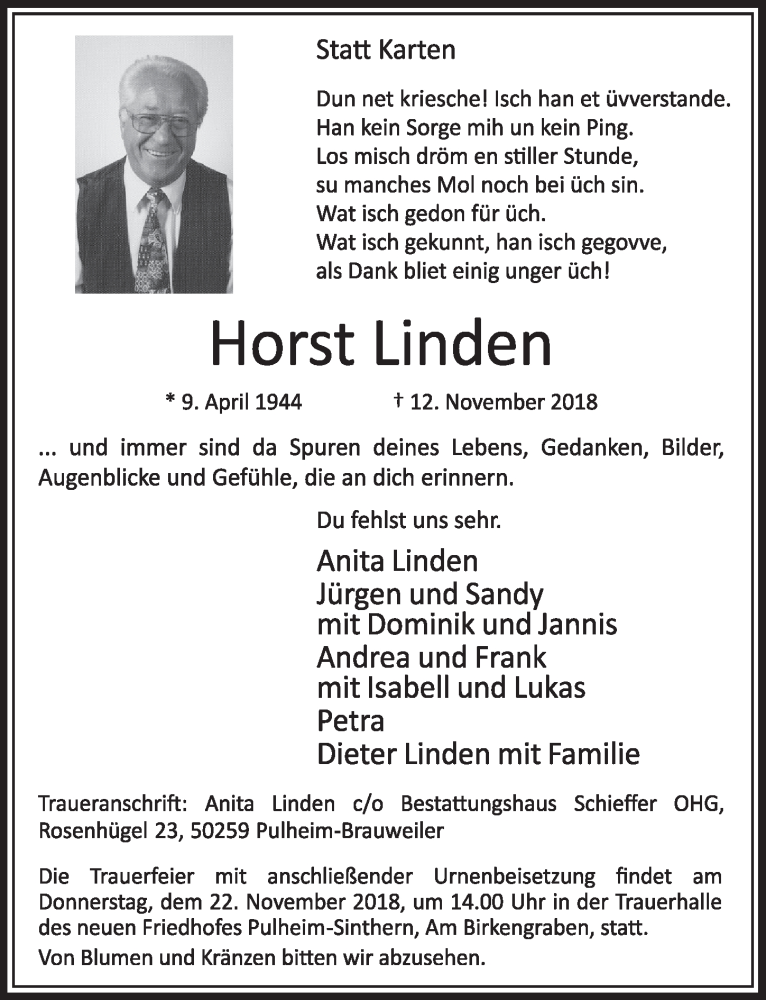  Traueranzeige für Horst Linden vom 17.11.2018 aus  Sonntags-Post 