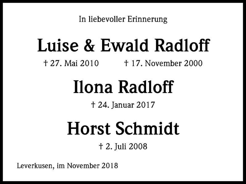  Traueranzeige für Horst Schmidt vom 17.11.2018 aus Kölner Stadt-Anzeiger / Kölnische Rundschau / Express