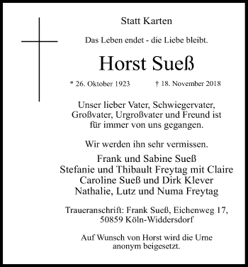 Anzeige von Horst Sueß von Kölner Stadt-Anzeiger / Kölnische Rundschau / Express