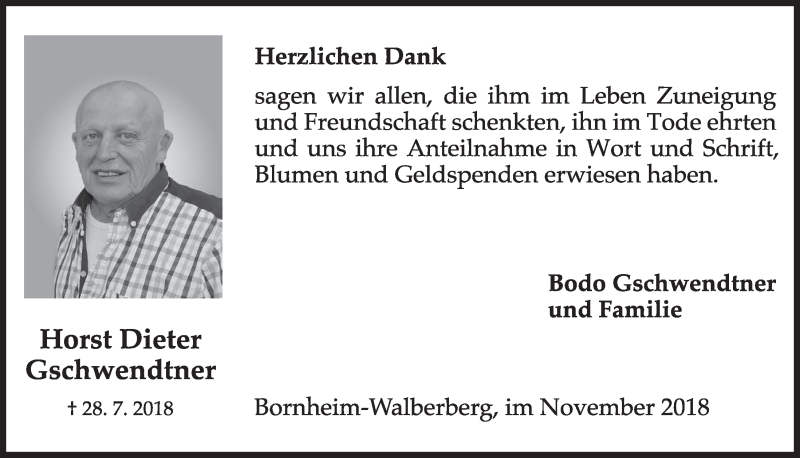  Traueranzeige für Horst Dieter Gschwendtner vom 07.11.2018 aus  Schlossbote/Werbekurier 