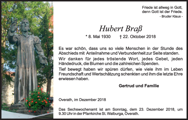  Traueranzeige für Hubert Braß vom 01.12.2018 aus Kölner Stadt-Anzeiger / Kölnische Rundschau / Express