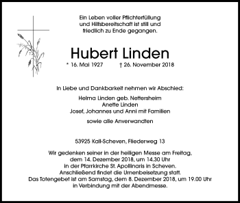 Anzeige von Hubert Linden von Kölner Stadt-Anzeiger / Kölnische Rundschau / Express