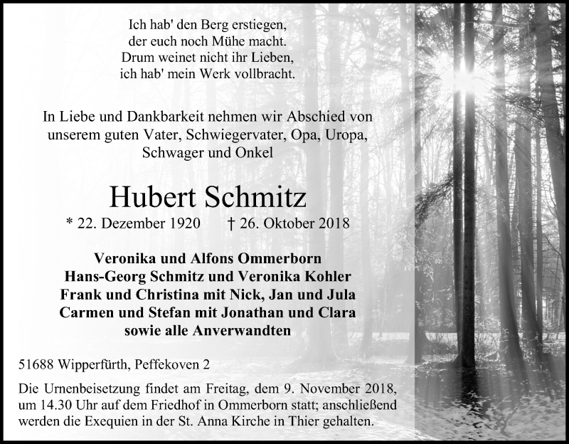  Traueranzeige für Hubert Schmitz vom 03.11.2018 aus Kölner Stadt-Anzeiger / Kölnische Rundschau / Express