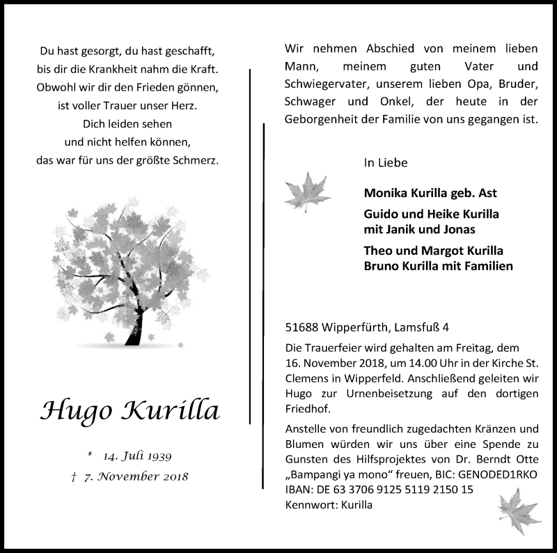  Traueranzeige für Hugo Kurilla vom 10.11.2018 aus Kölner Stadt-Anzeiger / Kölnische Rundschau / Express