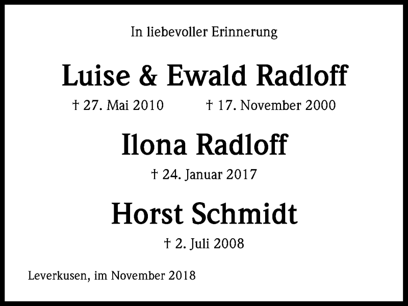  Traueranzeige für Ilona Radloff vom 17.11.2018 aus Kölner Stadt-Anzeiger / Kölnische Rundschau / Express