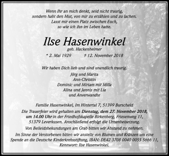 Anzeige von Ilse Hasenwinkel von Kölner Stadt-Anzeiger / Kölnische Rundschau / Express