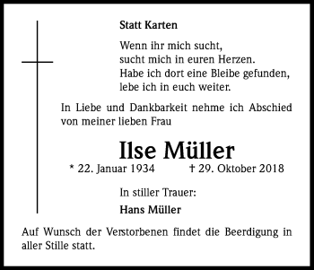 Anzeige von Ilse Müller von Kölner Stadt-Anzeiger / Kölnische Rundschau / Express