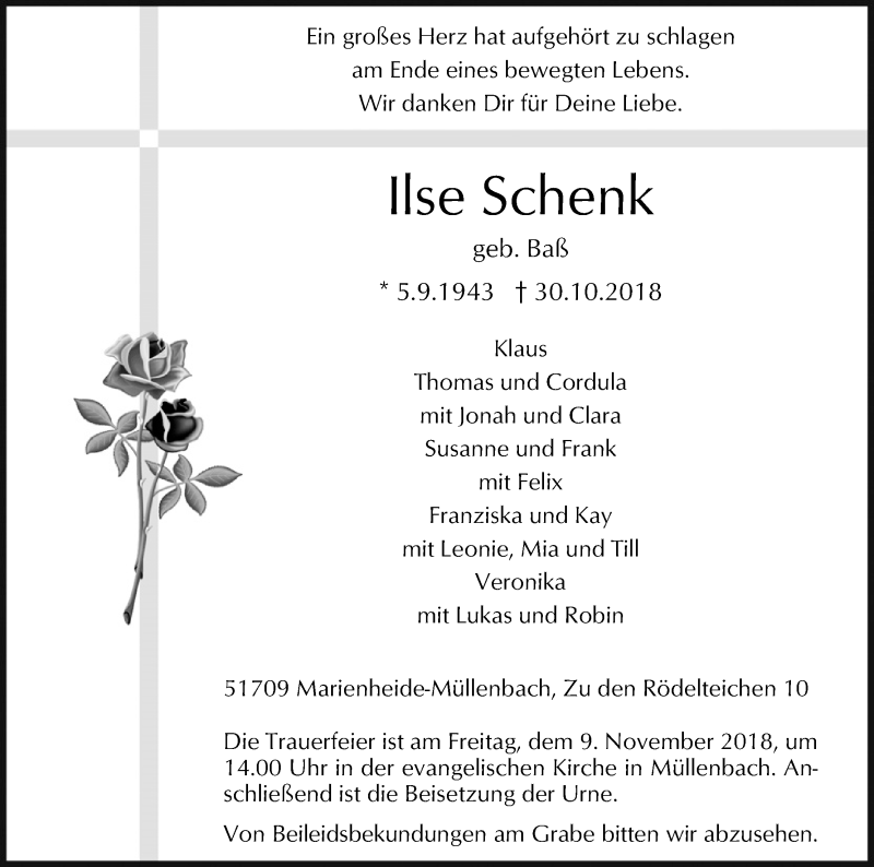  Traueranzeige für Ilse Schenk vom 03.11.2018 aus Kölner Stadt-Anzeiger / Kölnische Rundschau / Express