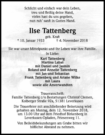 Anzeige von Ilse Tattenberg von Kölner Stadt-Anzeiger / Kölnische Rundschau / Express