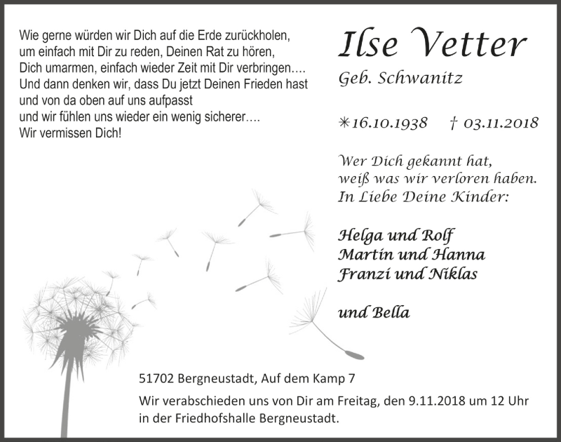  Traueranzeige für Ilse Vetter vom 07.11.2018 aus  Anzeigen Echo 
