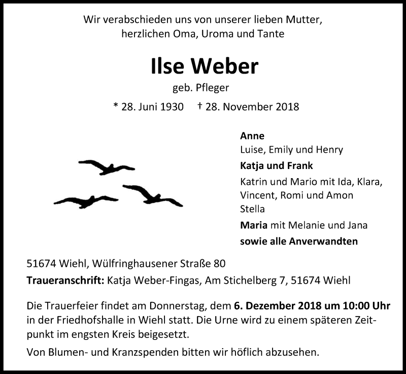  Traueranzeige für Ilse Weber vom 01.12.2018 aus Kölner Stadt-Anzeiger / Kölnische Rundschau / Express