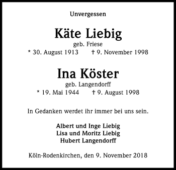 Anzeige von Ina Köster von Kölner Stadt-Anzeiger / Kölnische Rundschau / Express